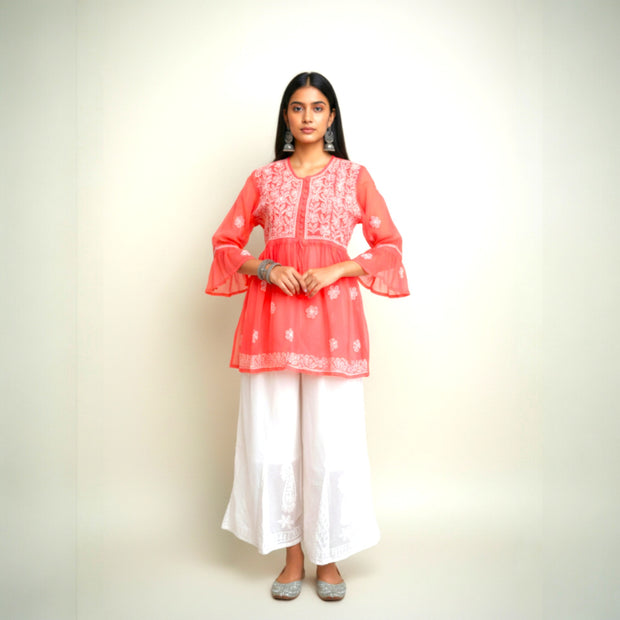 Pink Chikankari Georgette Short Kurti Set