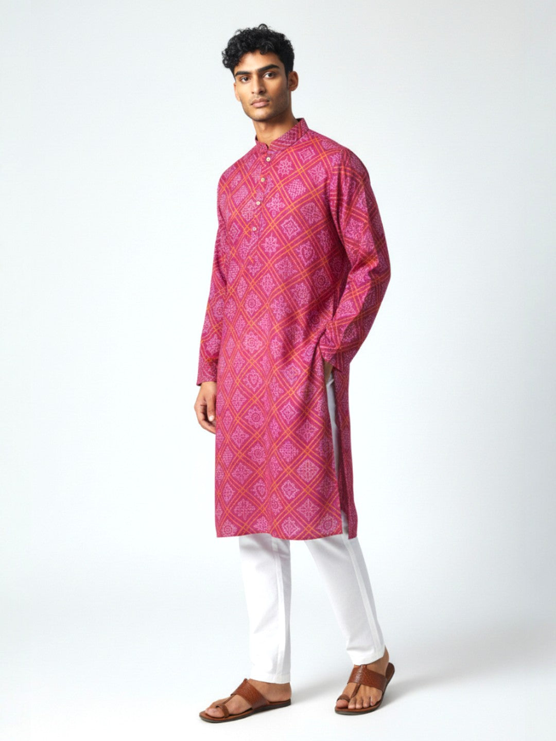 Pink Yellow Bandhani Cotton Kurta