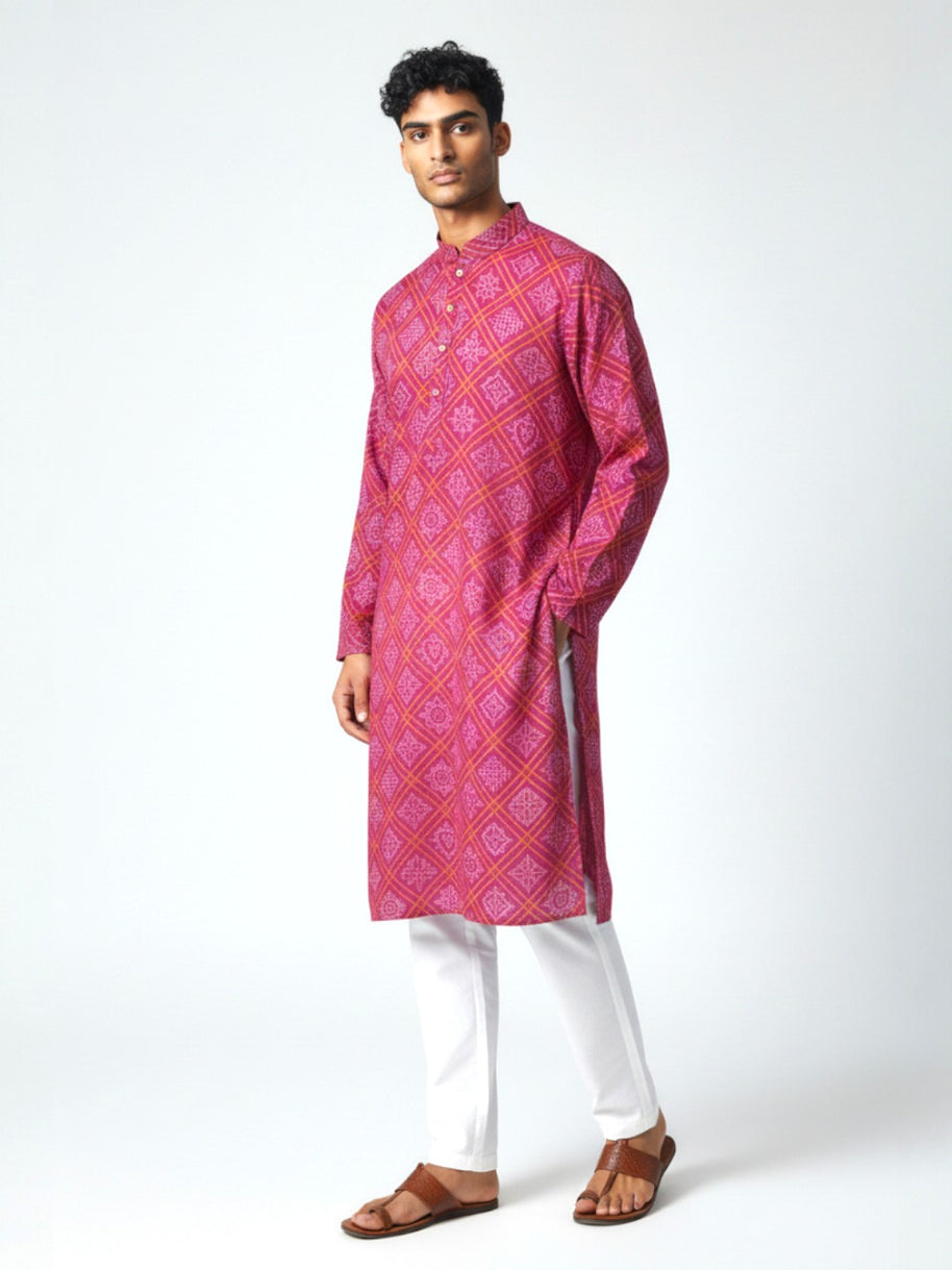 Pink Yellow Bandhani Cotton Kurta