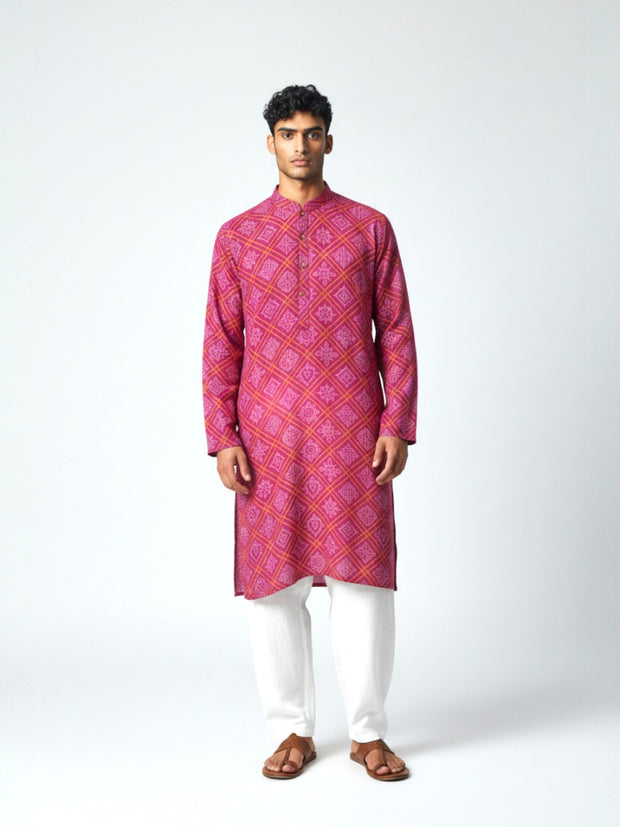Pink Yellow Bandhani Cotton Kurta