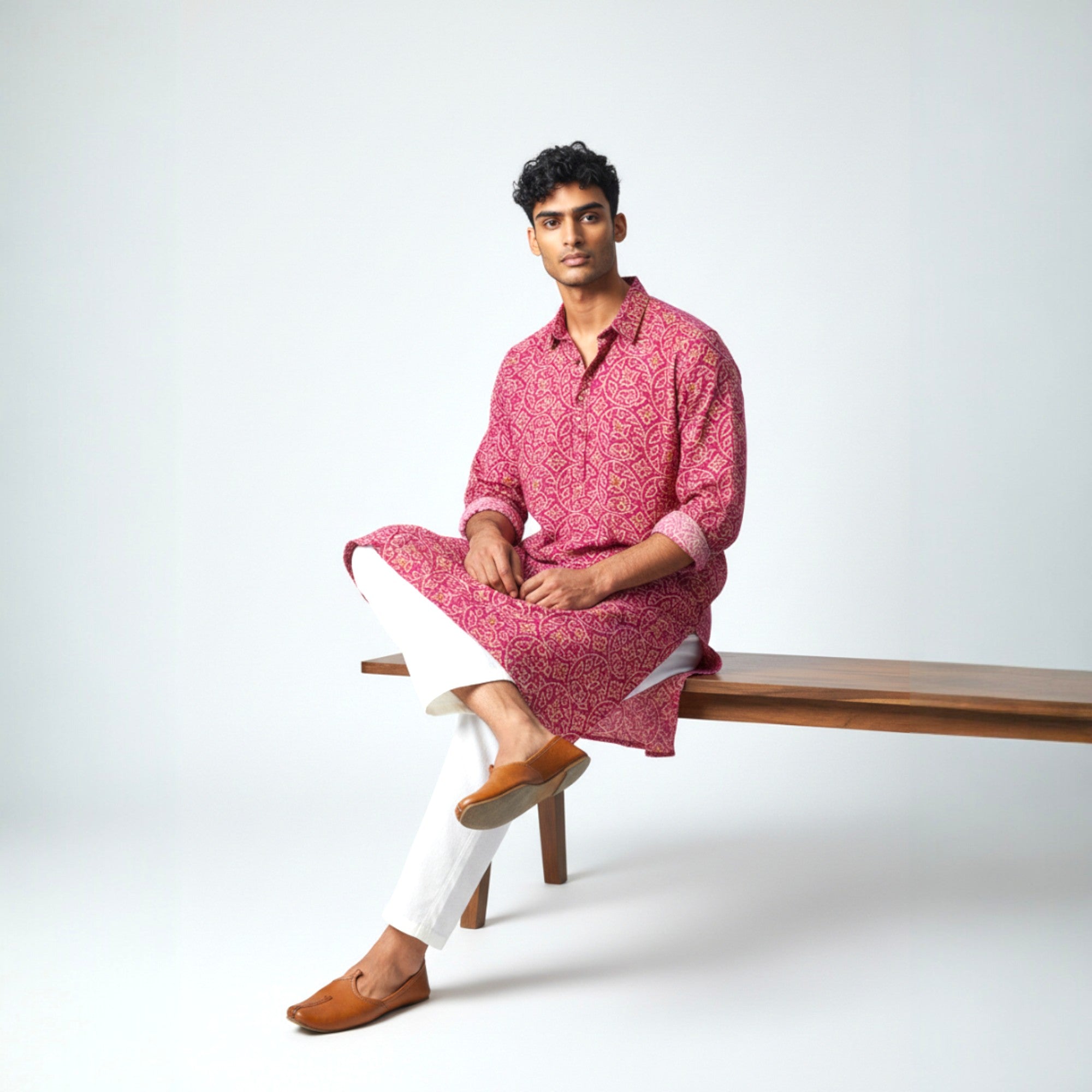 Pink Yellow Bandhani Cotton Kurta