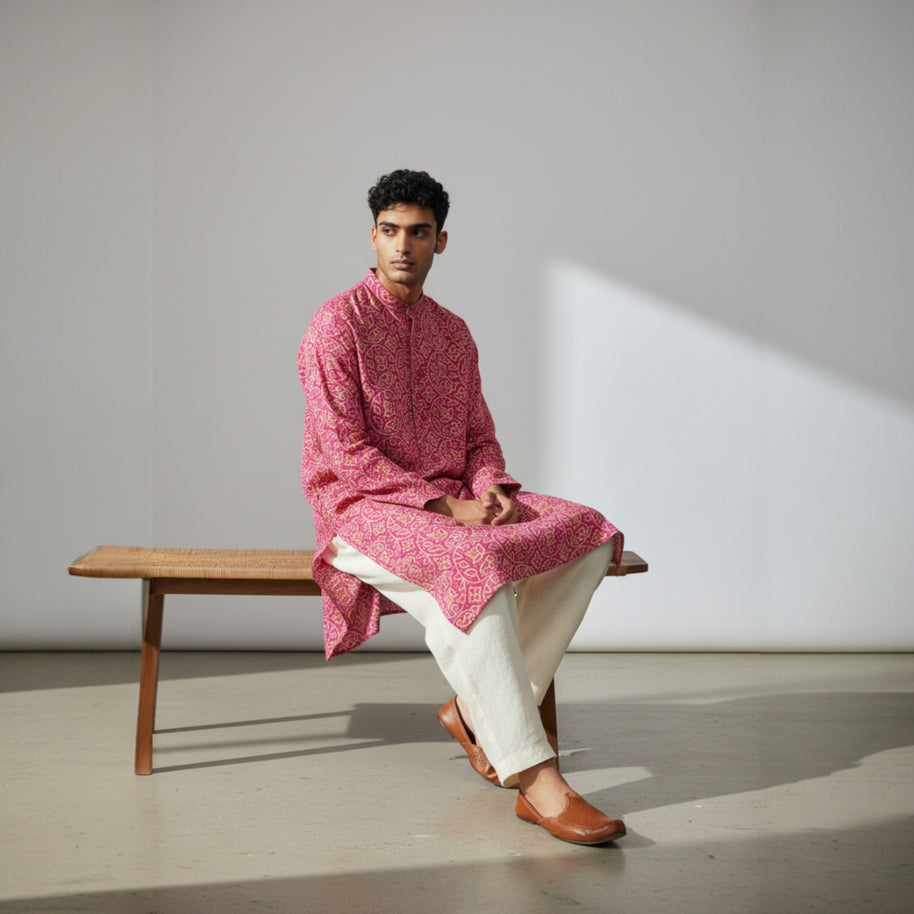 Pink Yellow Bandhani Cotton Kurta