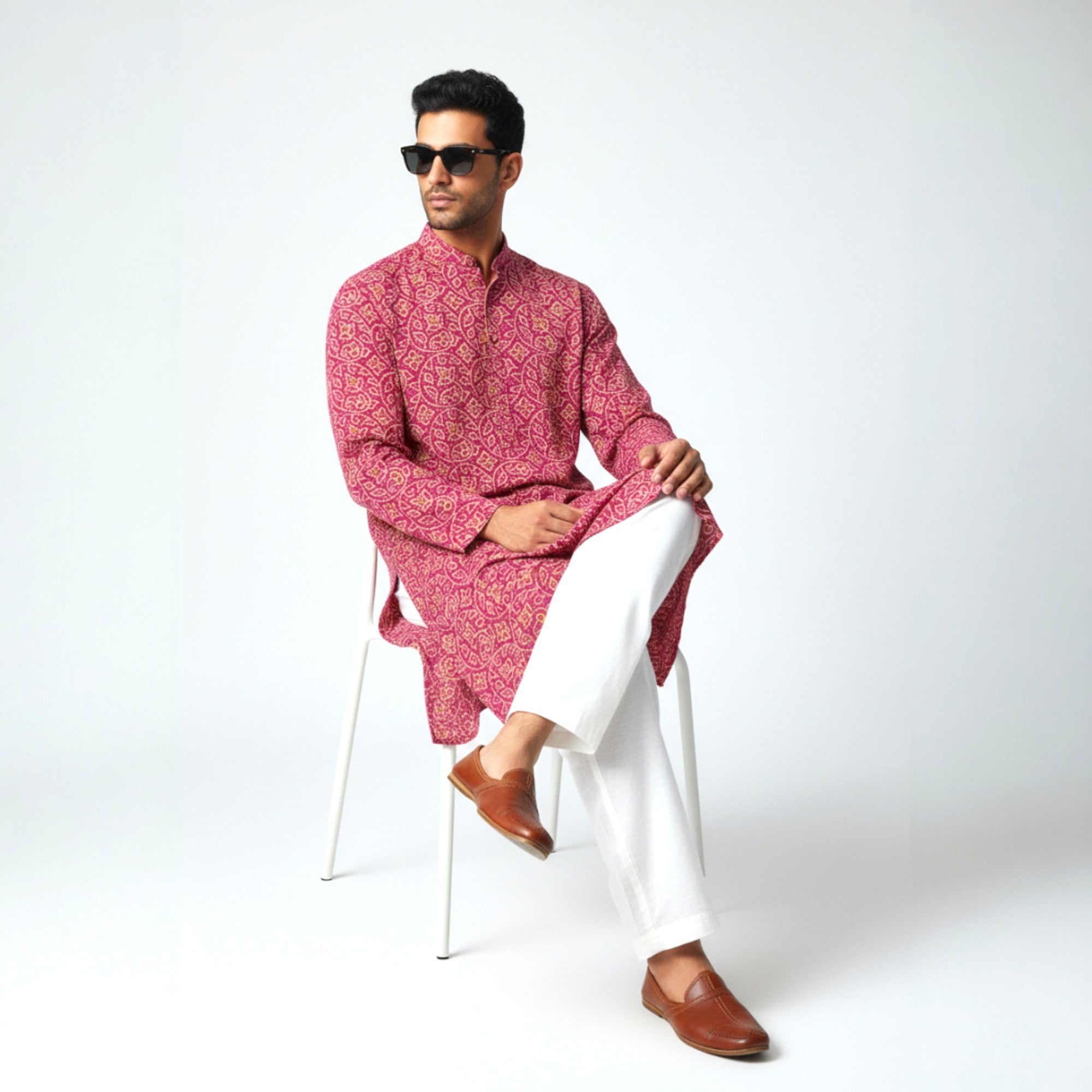 Pink Yellow Bandhani Cotton Kurta