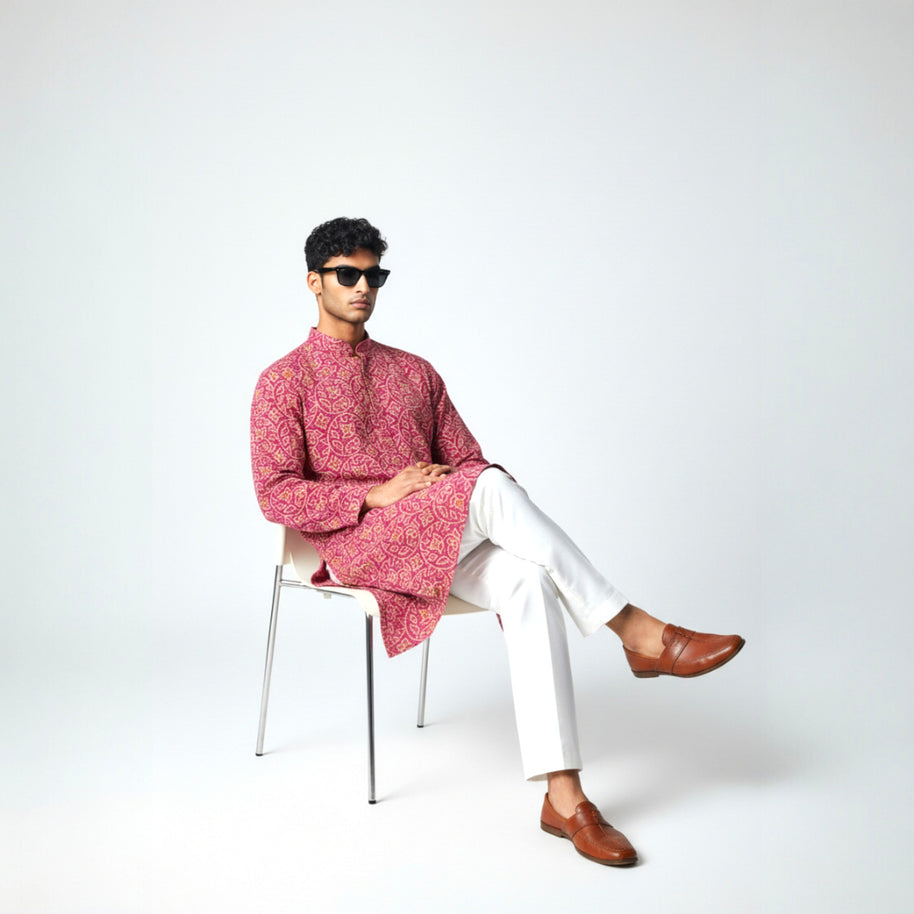Pink Yellow Bandhani Cotton Kurta