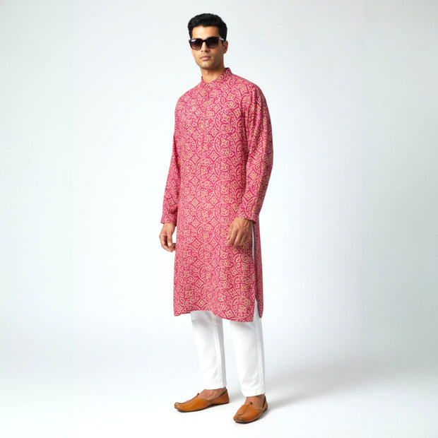 Pink Yellow Bandhani Cotton Kurta