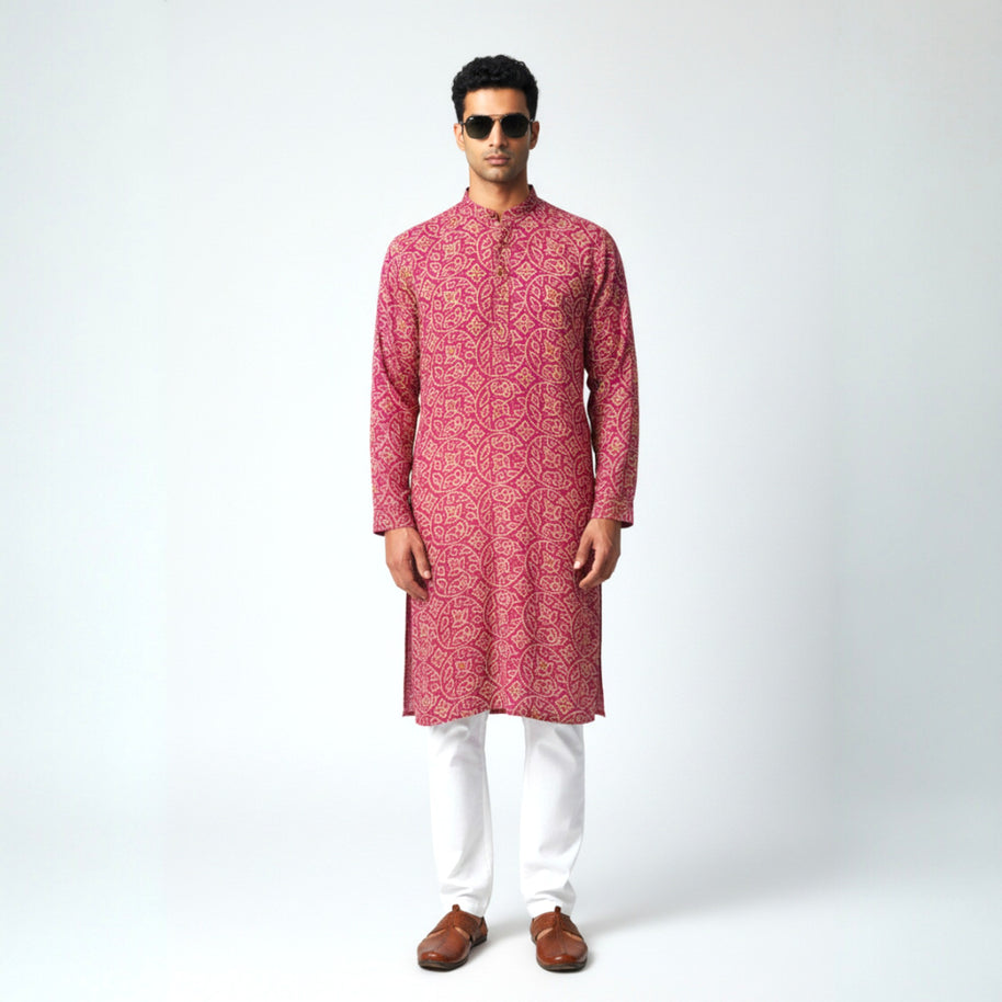Pink Yellow Bandhani Cotton Kurta