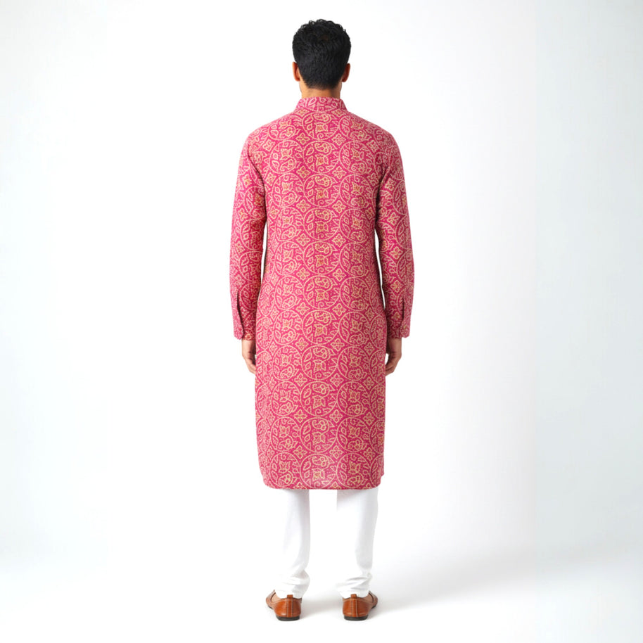 Pink Yellow Bandhani Cotton Kurta