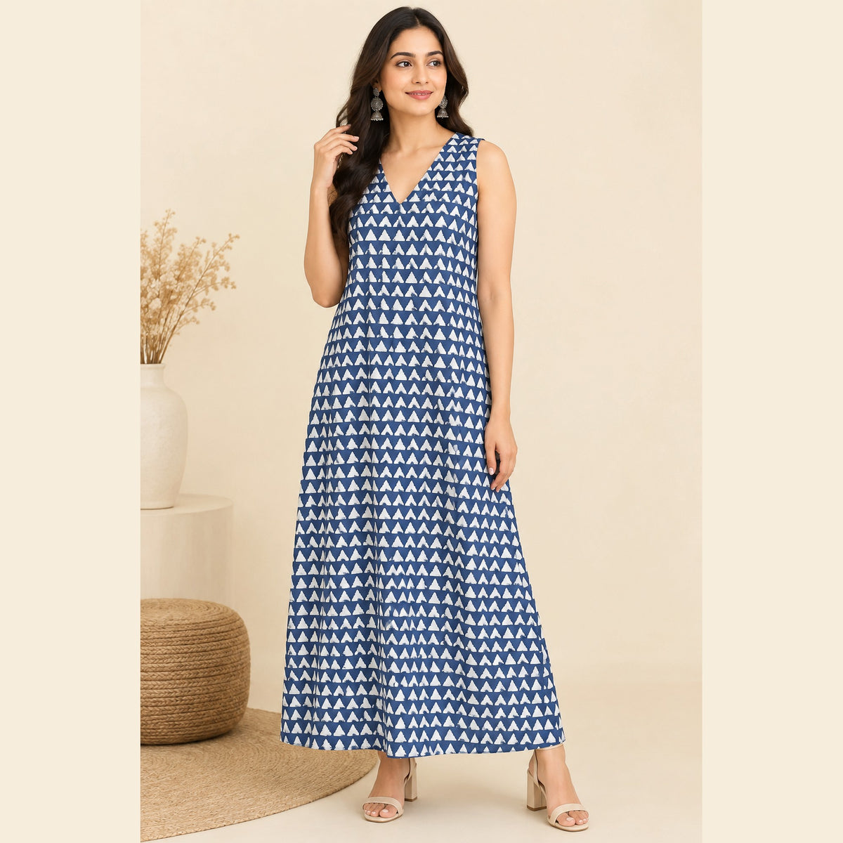 Indigo Triangle Print A-Line Long Dress