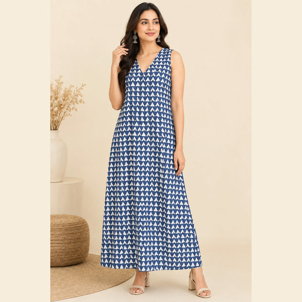 Indigo Triangle Print A-Line Long Dress