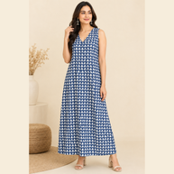 Indigo Triangle Print A-Line Long Dress