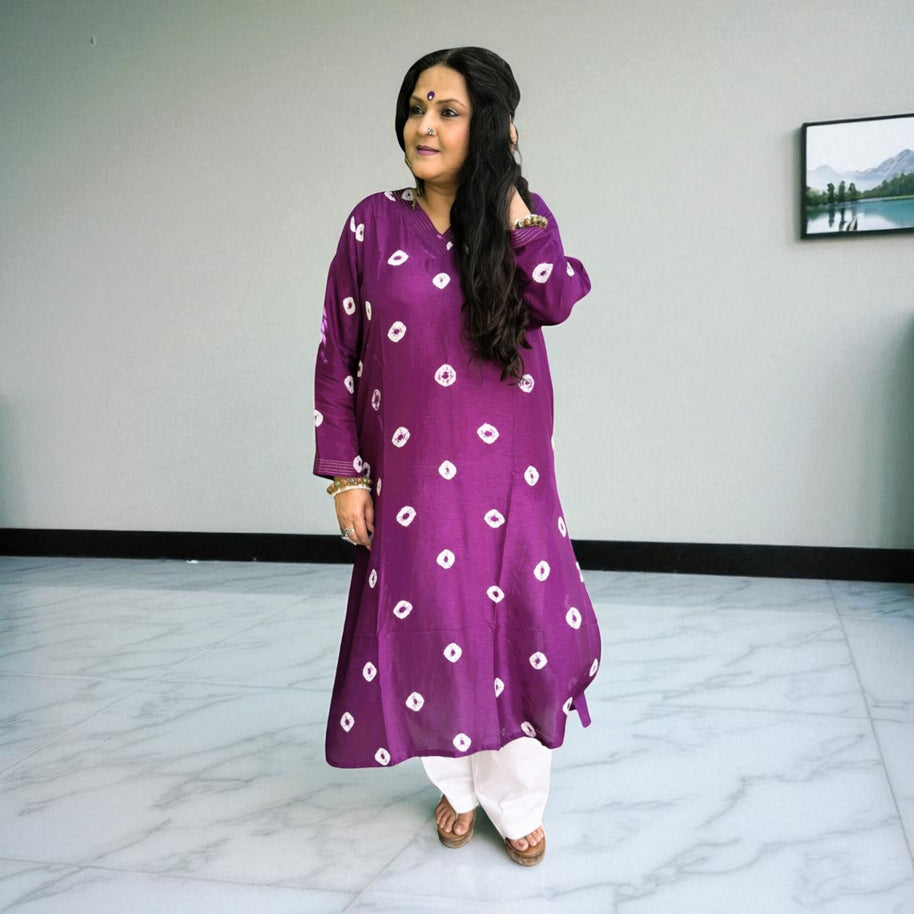 Orchid Purple Bandhej Womens Silk Kurta