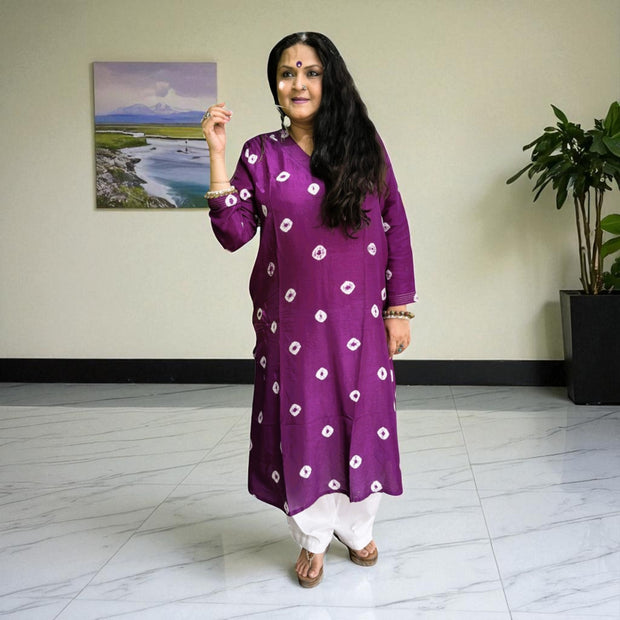 Orchid Purple Bandhej Womens Silk Kurta