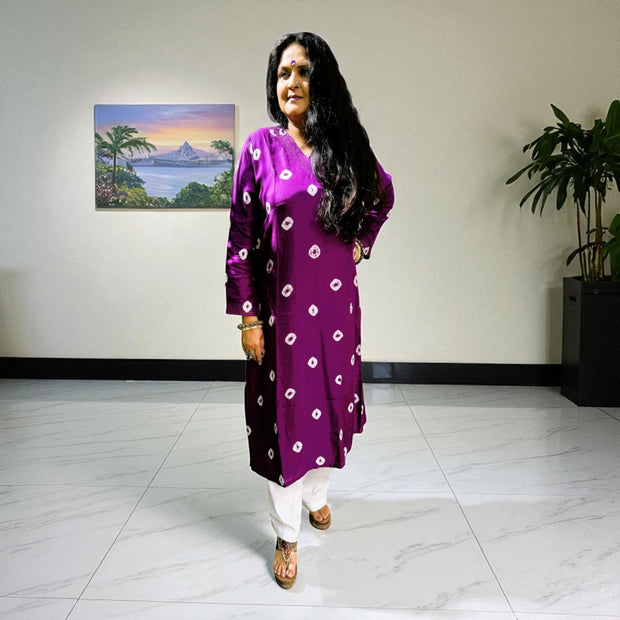 Orchid Purple Bandhej Womens Silk Kurta