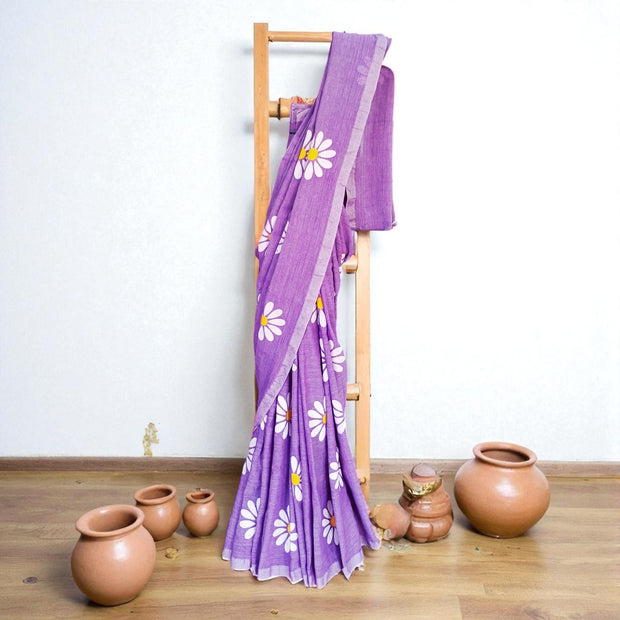 Lavender Bloom Handprinted Cotton Saree