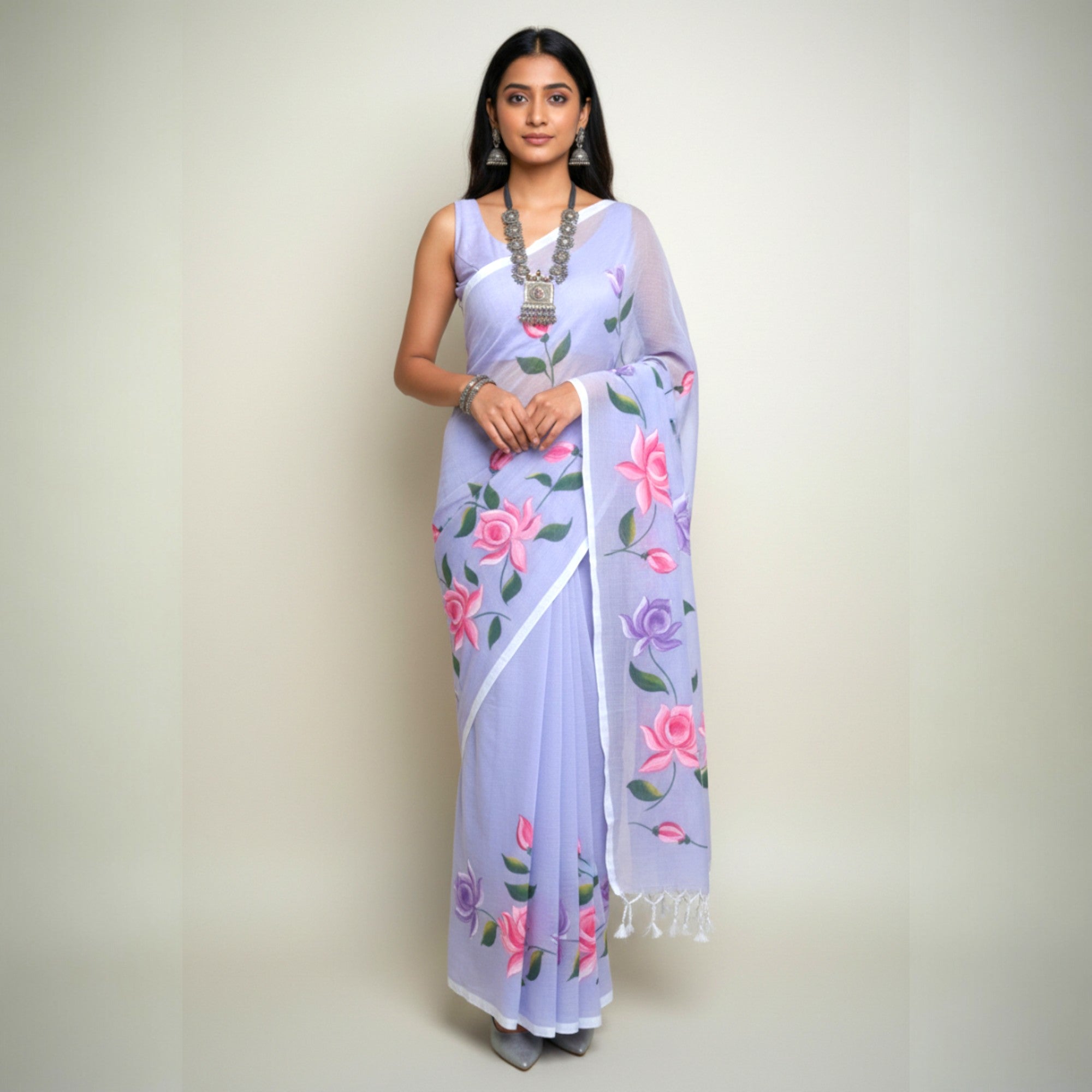 Purple Handpainted Cotton Saree
