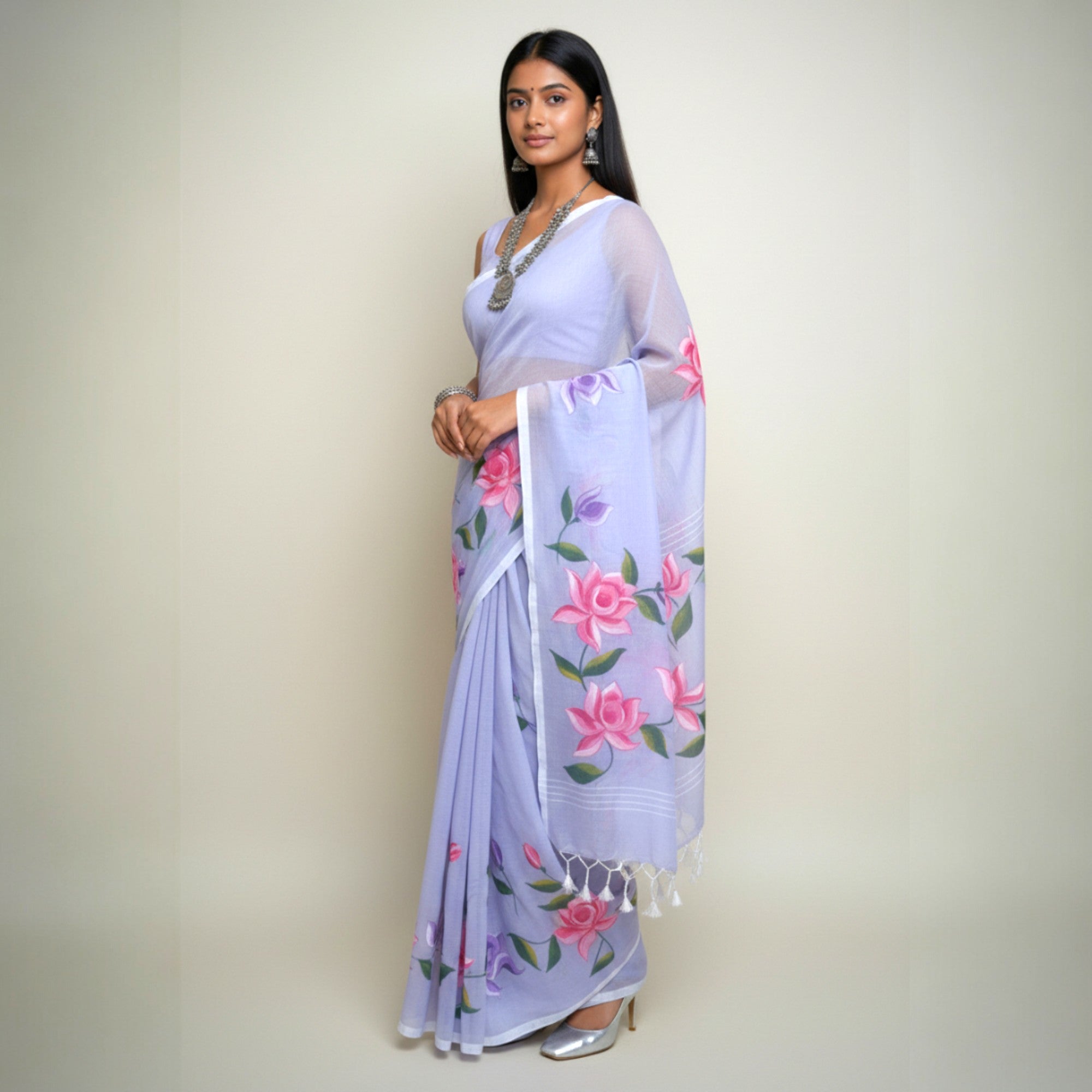 Purple Handpainted Cotton Saree