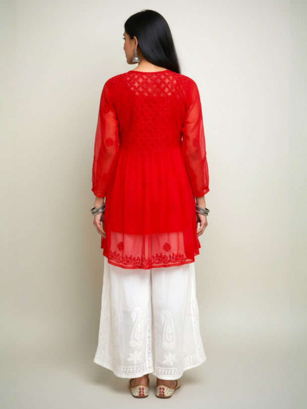 Red Chikankari Georgette Short Kurti