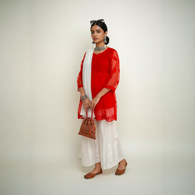 Red Chikankari Georgette Short Kurti