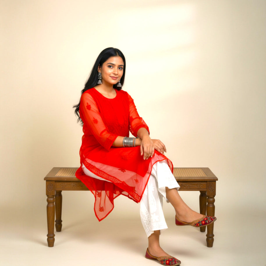 Red Chikankari Georgette  Kurta