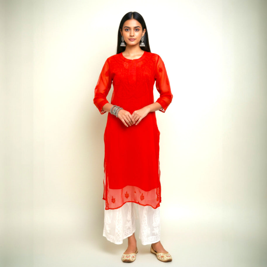 Red Chikankari Georgette  Kurta