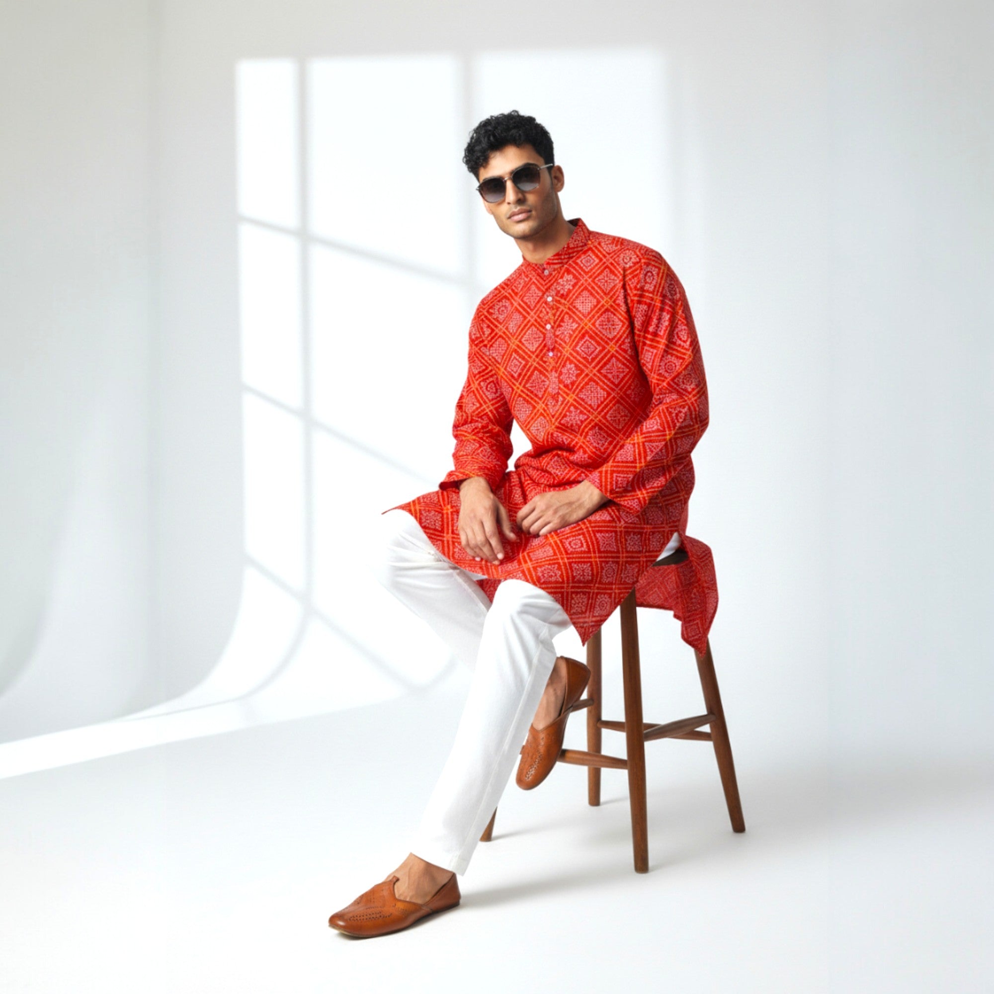 Red Yellow Bandhani Cotton Kurta