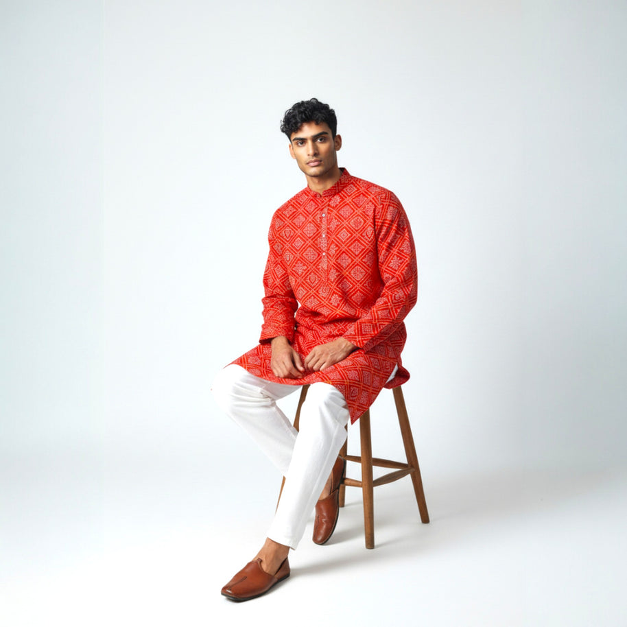 Red Yellow Bandhani Cotton Kurta