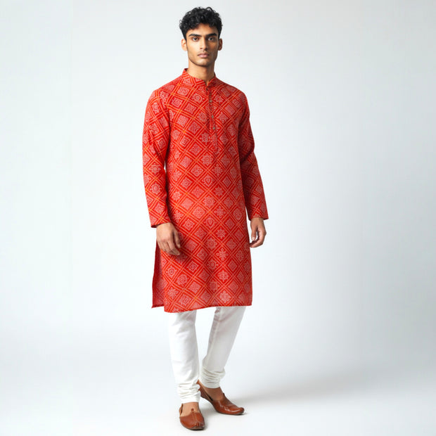 Red Yellow Bandhani Cotton Kurta