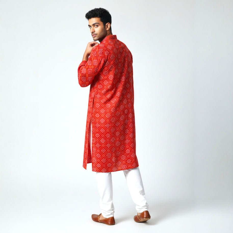 Red Yellow Bandhani Cotton Kurta