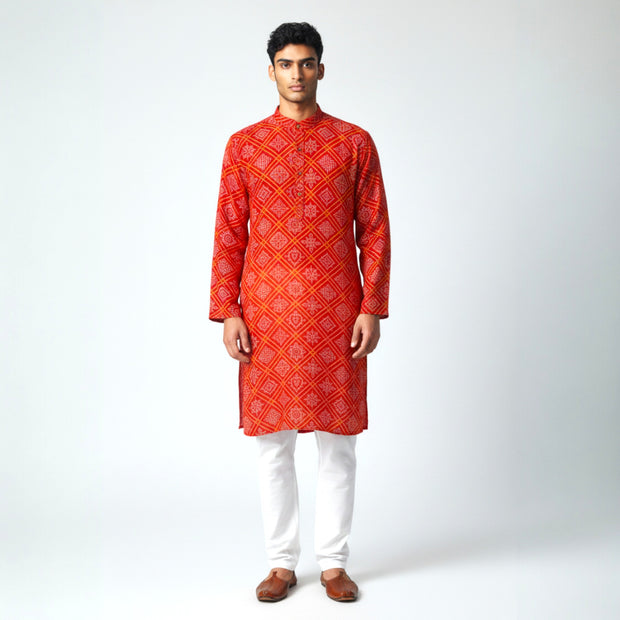 Red Yellow Bandhani Cotton Kurta