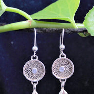 Circle Web Bud Droplet Silver Filigree Earrings