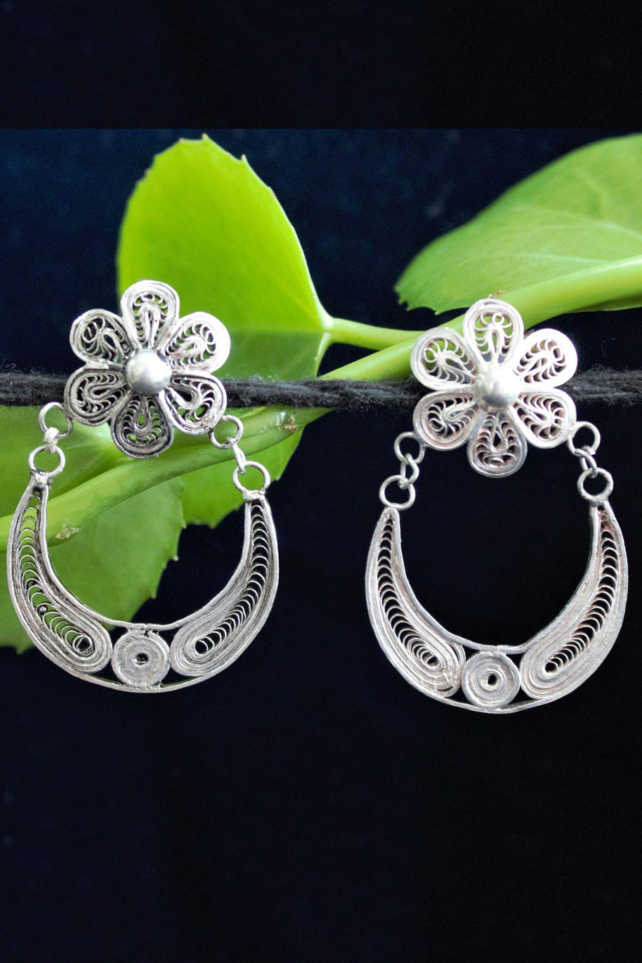 Chandbali Floral Silver Filigree Stud Earrings