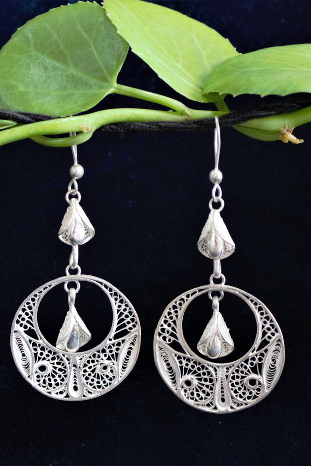 Silver Filigree Circle Bud Droplet Dangler Earrings