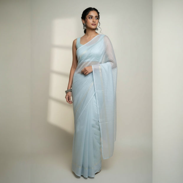 Ligth Blue Stripe Georgette Saree