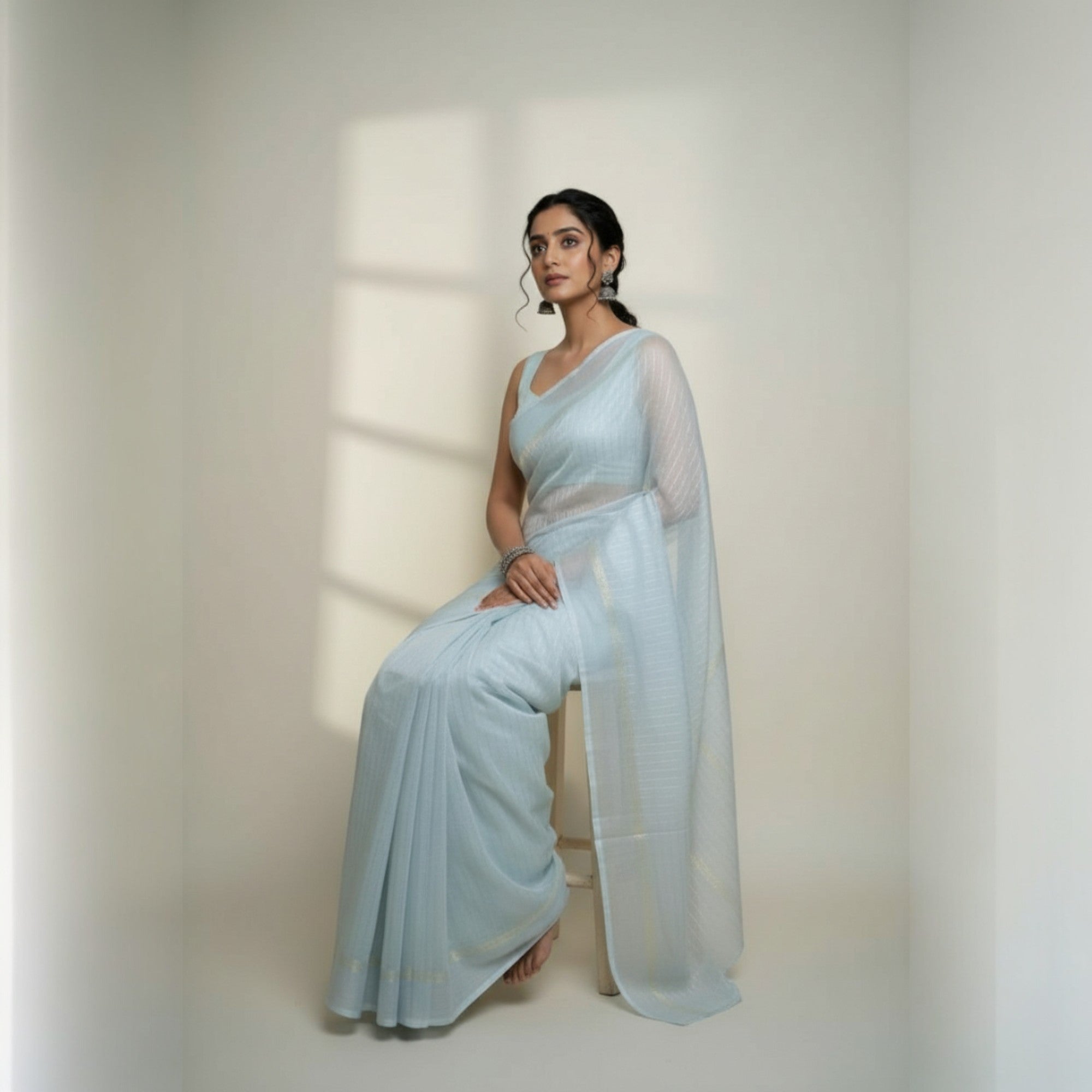 Ligth Blue Stripe Georgette Saree