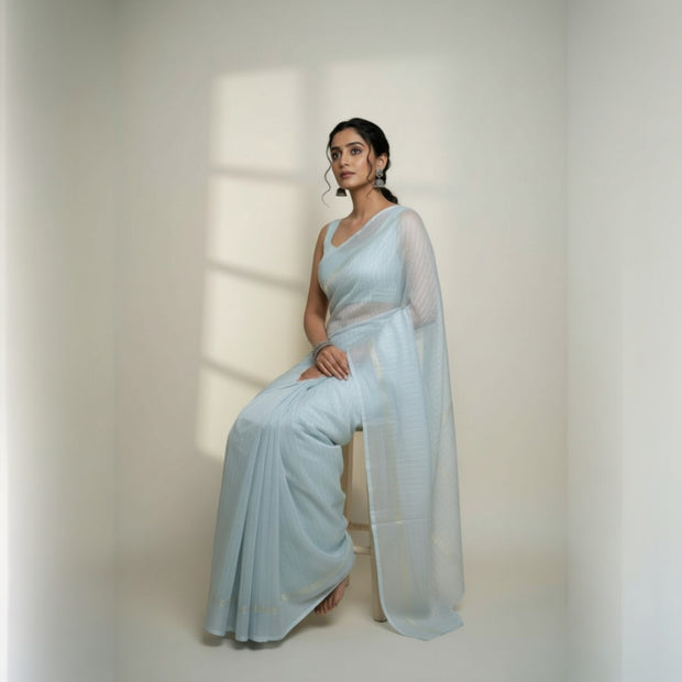 Ligth Blue Stripe Georgette Saree