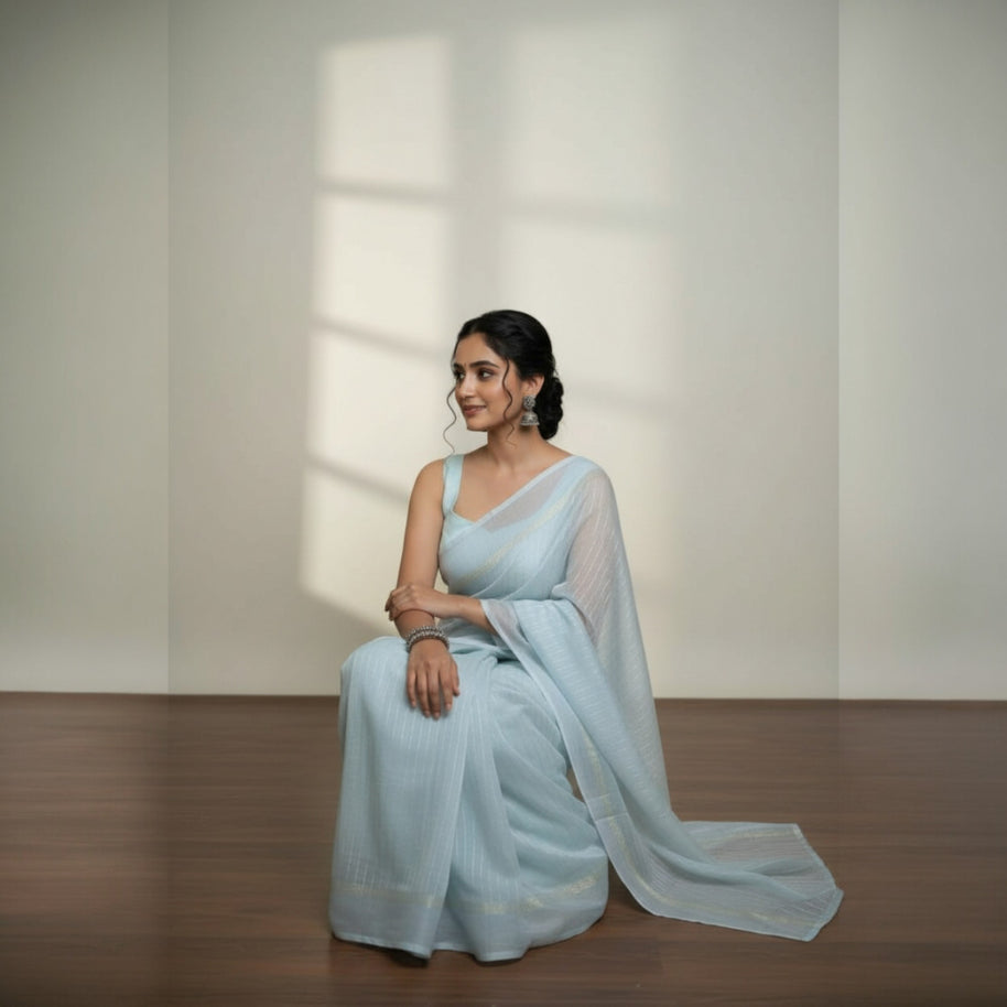 Ligth Blue Stripe Georgette Saree
