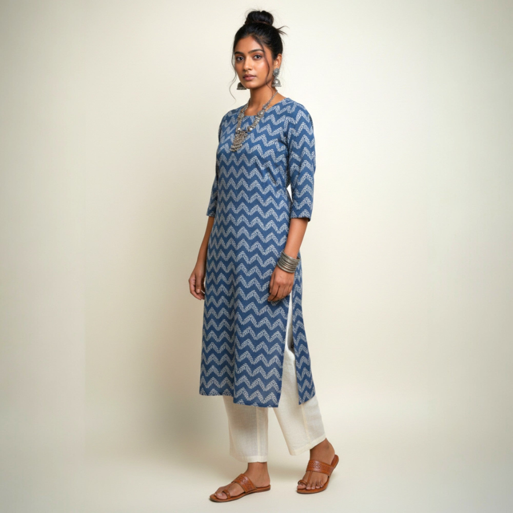 Blue Leaf Handblock Print Cotton Kurta