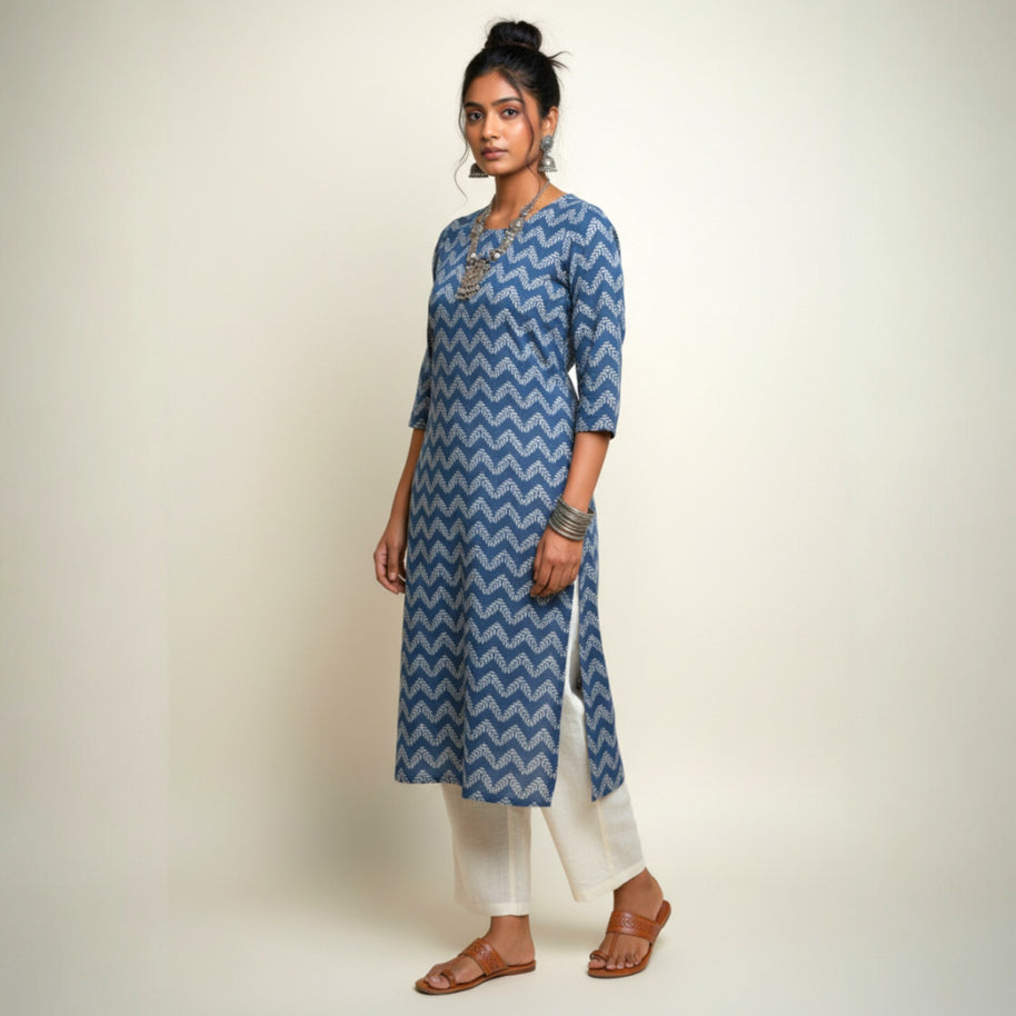 Blue Leaf Handblock Print Cotton Kurta