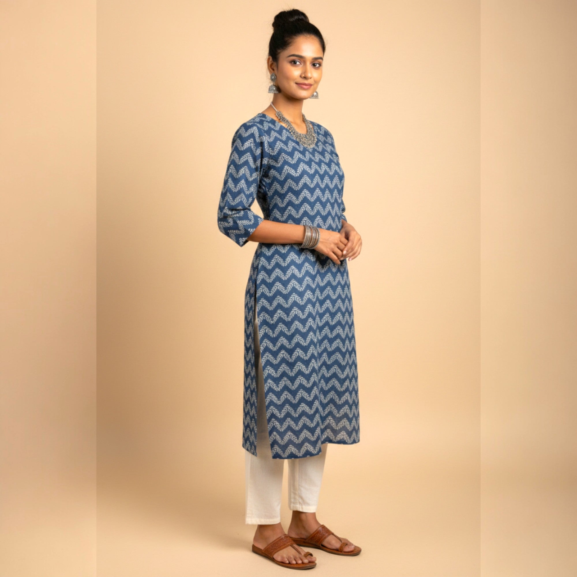 Blue Leaf Handblock Print Cotton Kurta