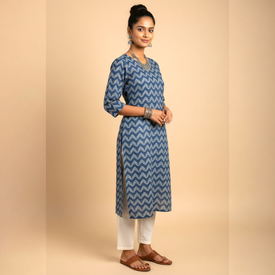 Blue Leaf Handblock Print Cotton Kurta