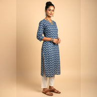 Blue Leaf Handblock Print Cotton Kurta
