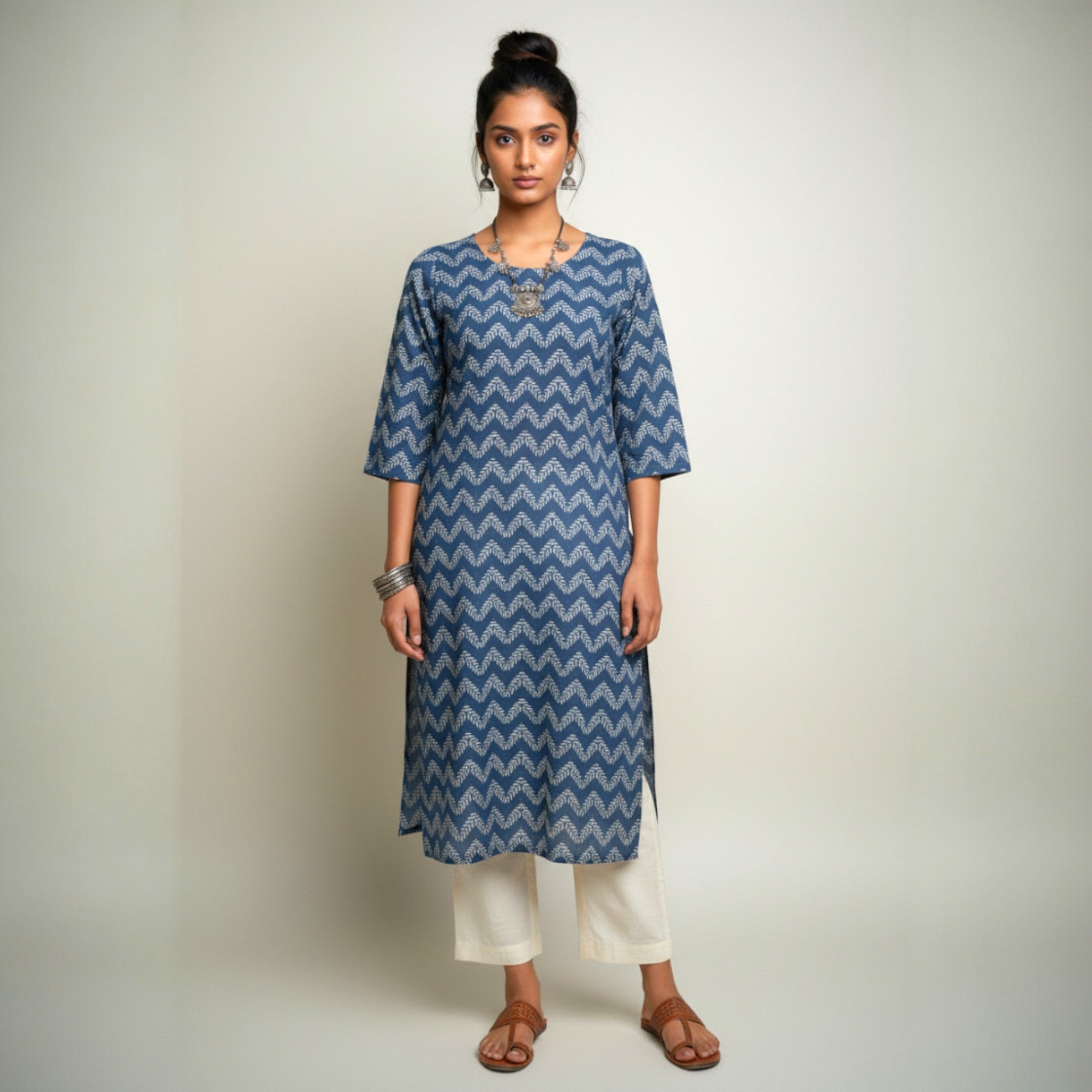 Blue Leaf Handblock Print Cotton Kurta