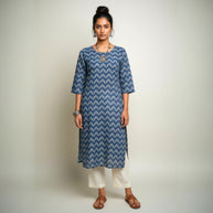 Blue Leaf Handblock Print Cotton Kurta