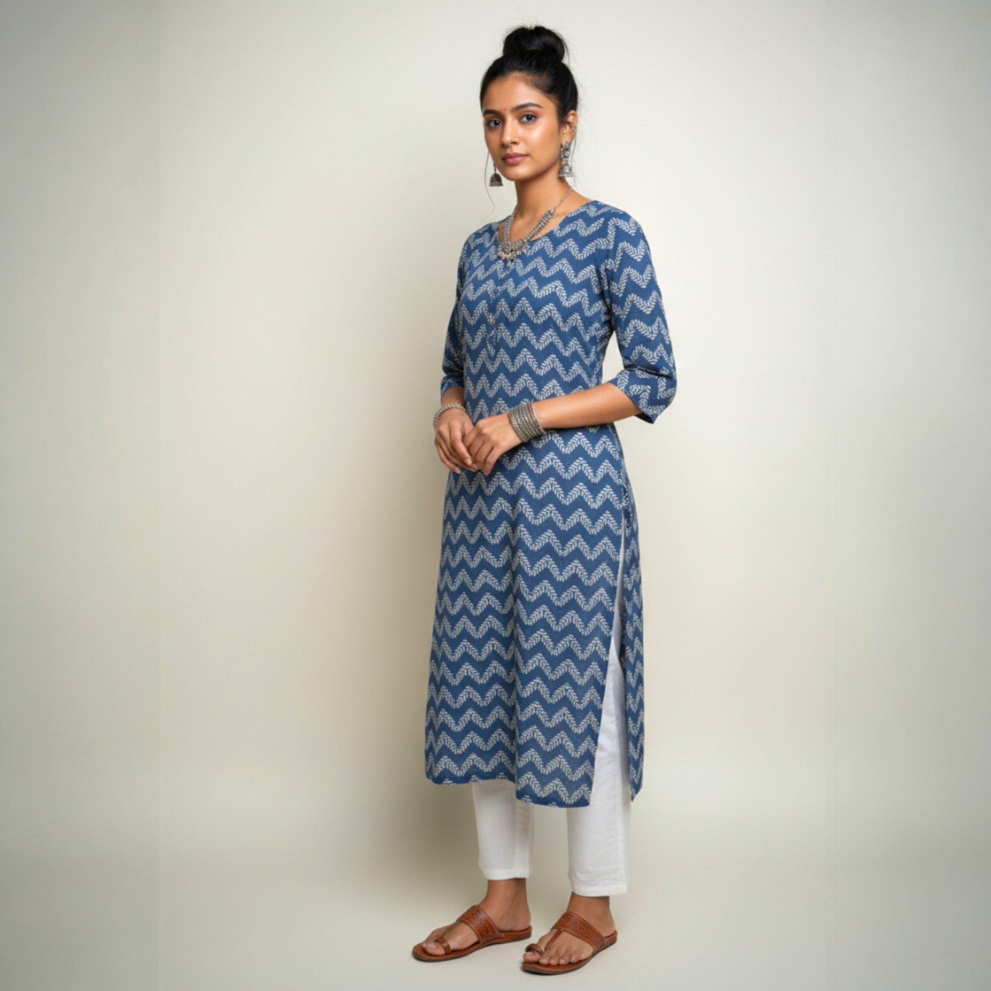 Blue Leaf Handblock Print Cotton Kurta