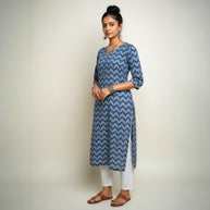 Blue Leaf Handblock Print Cotton Kurta