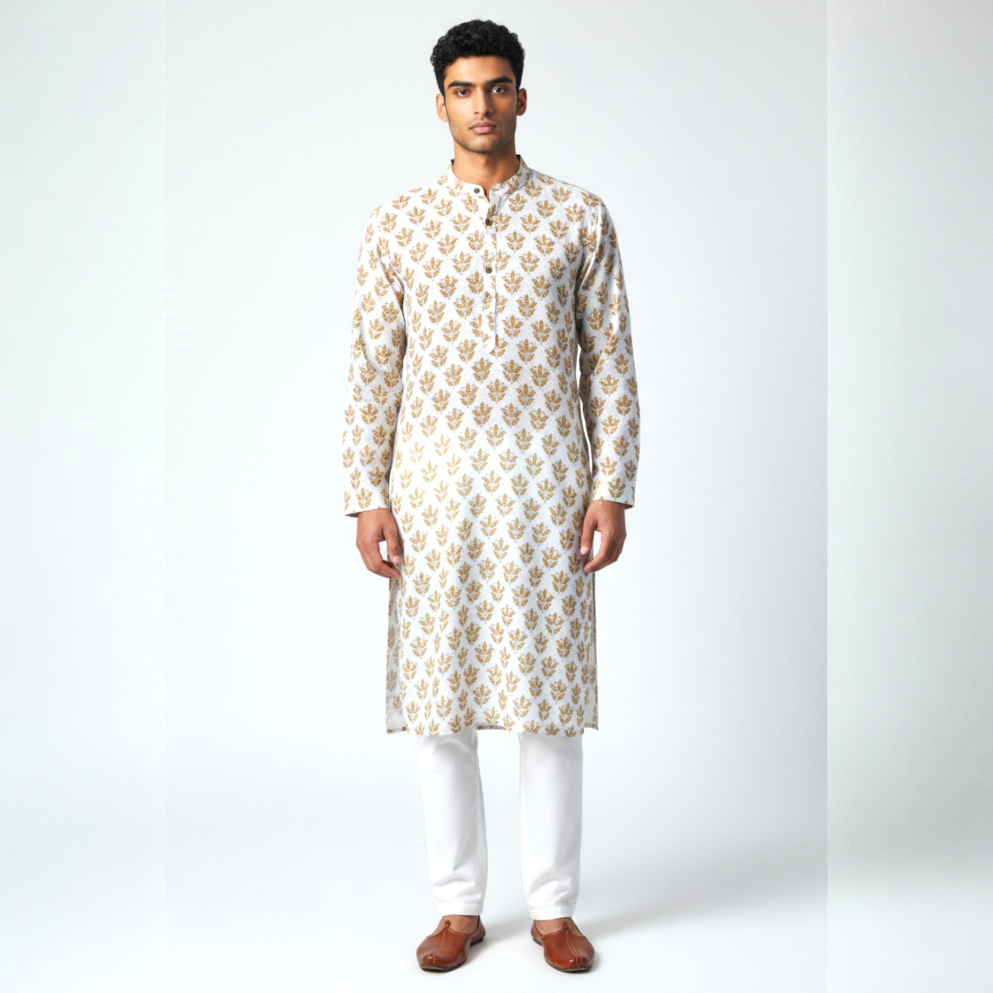 White Mustard Handblock Cotton Kurta