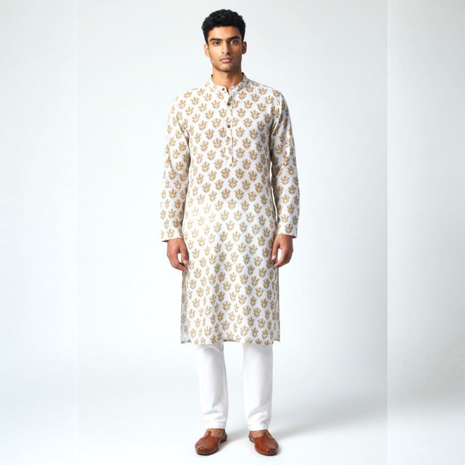 White Mustard Handblock Cotton Kurta
