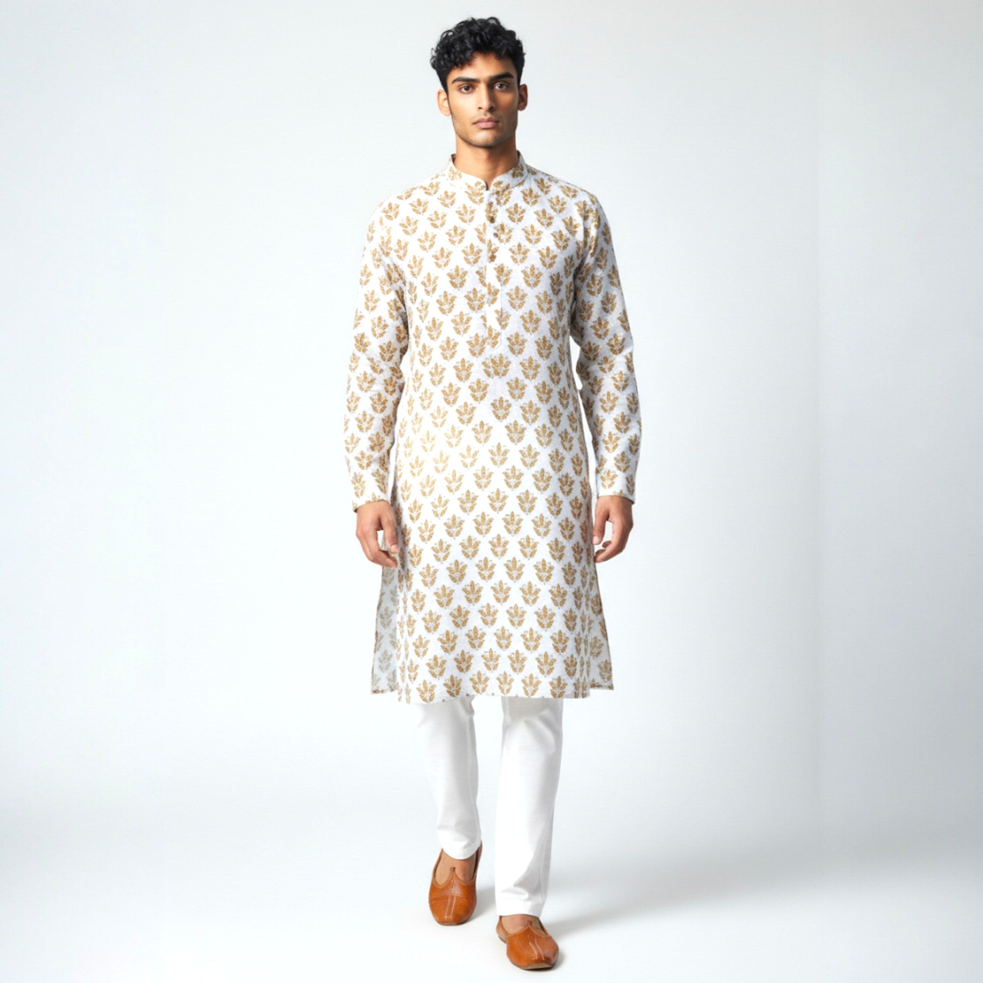 White Mustard Handblock Cotton Kurta