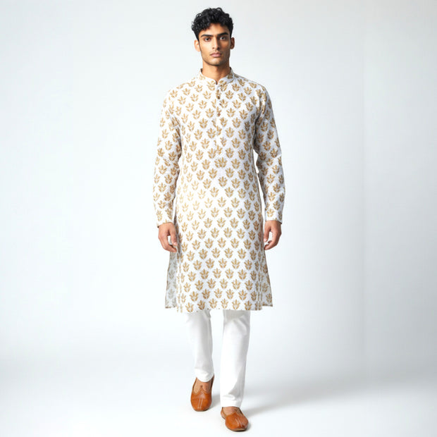 White Mustard Handblock Cotton Kurta