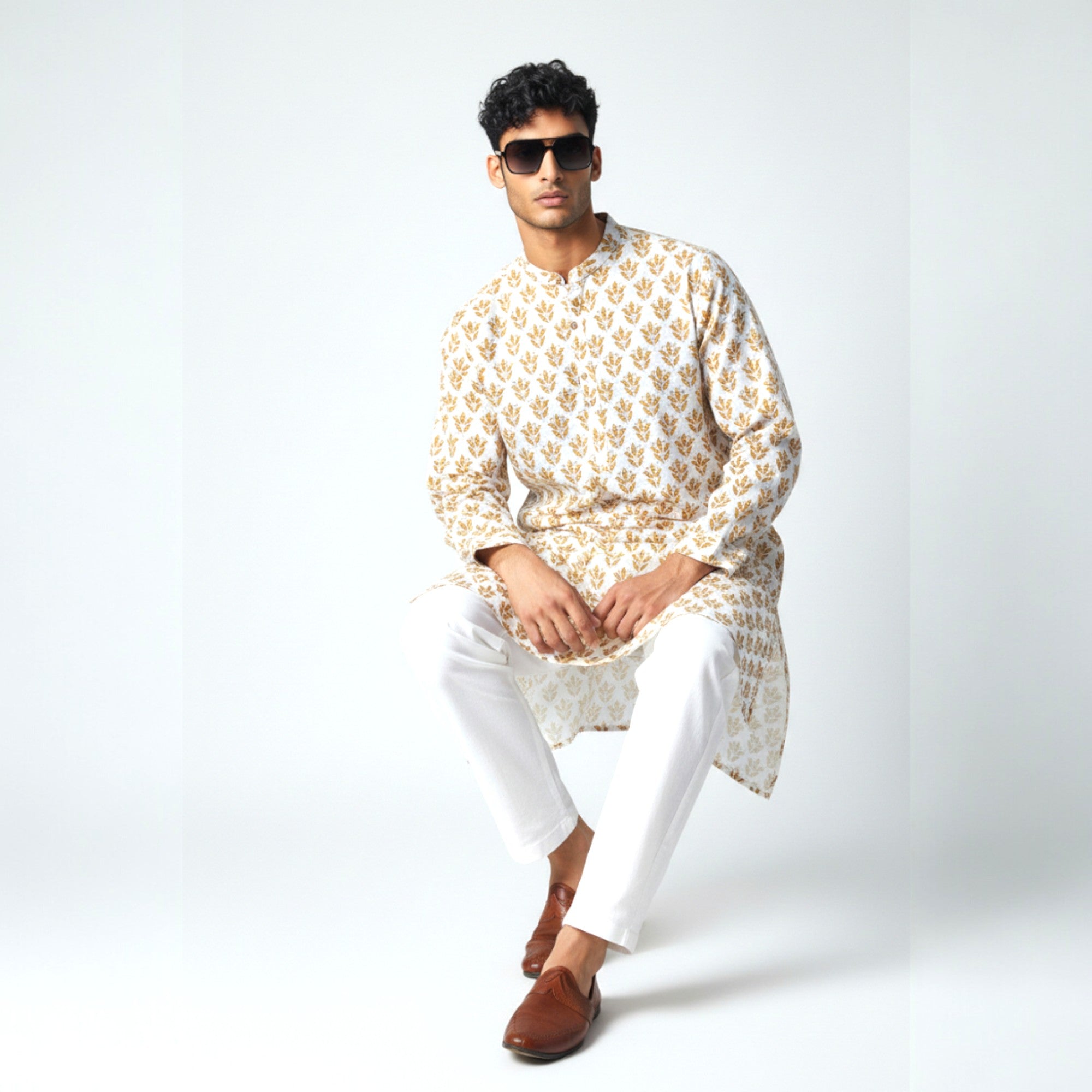 White Mustard Handblock Cotton Kurta